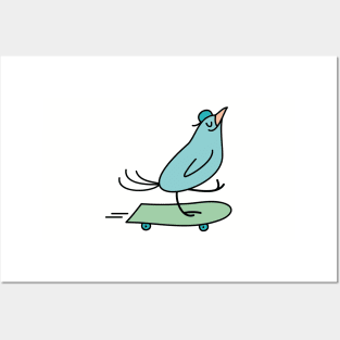 Funny bird rides a skatboard Posters and Art